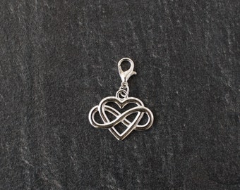 Intertwined infinity sign / symbol and heart planner charm for Traveler's, TN, purse, zipper, bag, bracelet or pendant. Silver plated.