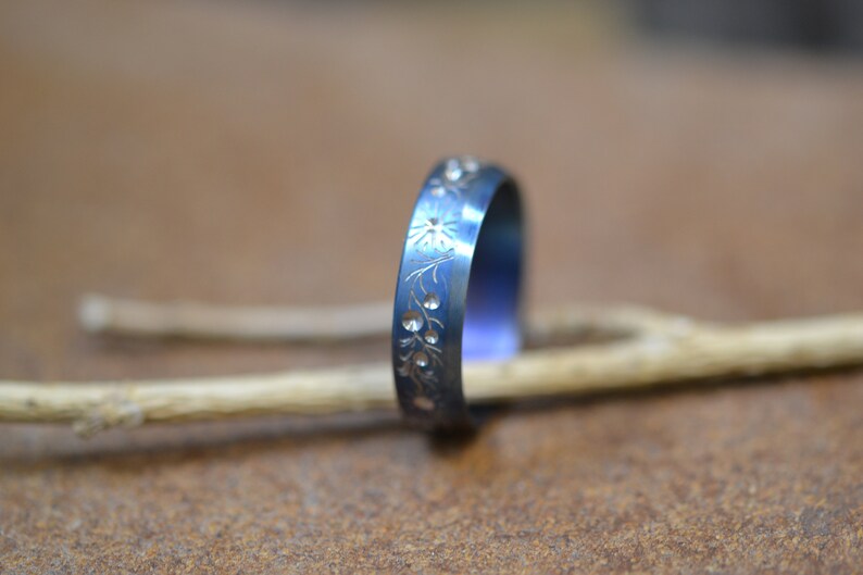 Floral Titanium Ring With An Engraving Blue Wedding Band Botanical Band