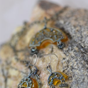 Raw Amber Pendant And Earrings Set Silver Filigree Sun Stone