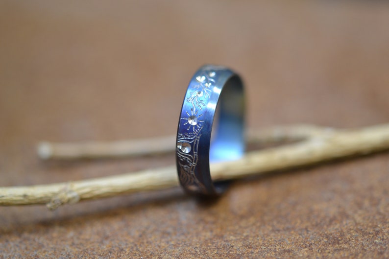Floral Titanium Ring With An Engraving Blue Wedding Band Botanical Band