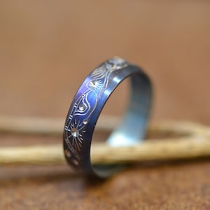 Floral Titanium Ring With An Engraving Blue Wedding Band Botanical Band
