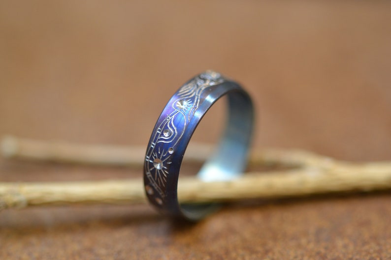 Floral Titanium Ring With An Engraving Blue Wedding Band Botanical Band