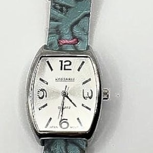 Women’s Kessaris Quartz Watch – Handmade Aqua Tooled Leather Strap w/ Pink Polka Dot & Bat Reverse | Playful Unique Timepiece