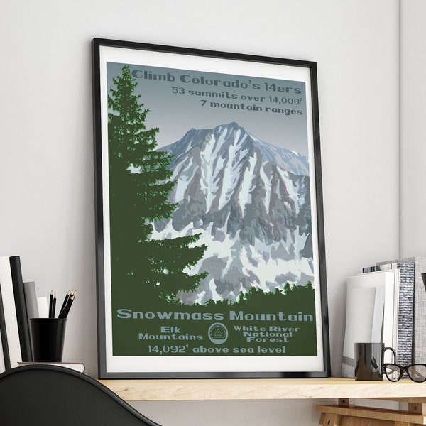 Snowmass Mountain, Snowmass Mountain Poster, Snowmass Mountain Print, Colorado 14ers, Colorado 14er, 14er poster, 14er print, 14er, 14ers