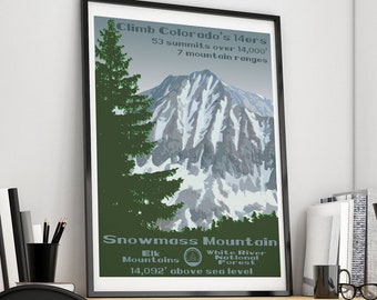 Snowmass Mountain, Snowmass Mountain Poster, Snowmass Mountain Print, Colorado 14ers, Colorado 14er, 14er poster, 14er print, 14er, 14ers