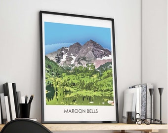 Maroon Bells Art Print - Maroon Bells Poster, Aspen poster, 14ers, Colorado 14ers Poster, Colorado 14ers Print, Aspen Colorado