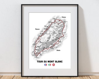 Tour du Mont Blanc Map Print, Tour du Mont Blanc, Tour of Mont Blanc Map