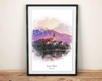 Lake Bled, Lake Bled print, Lake Bled poster, Slovenia poster, Slovenia print, Slovenia travel poster, Travel print