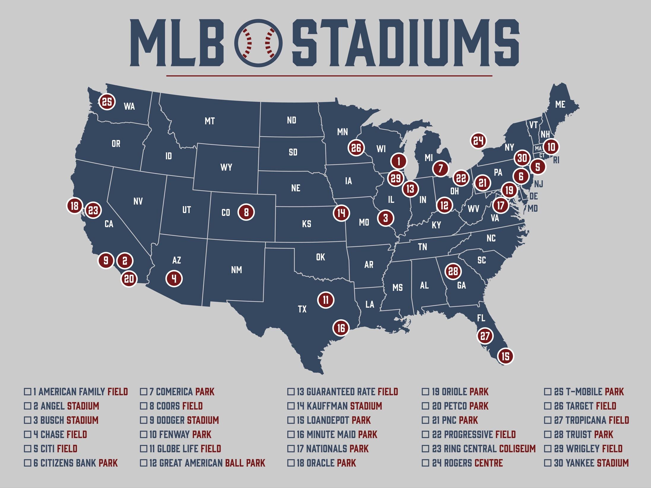 MLB Stadium Map Baseball Stadium Map Ballpark Map MLB Etsy