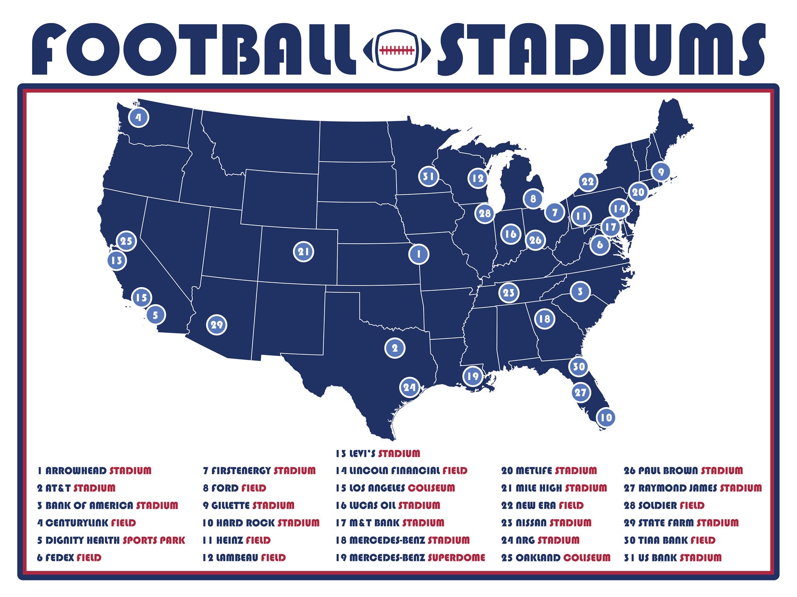 Football Stadium Map NFL Stadium Map NFL Stadiums Football Etsy