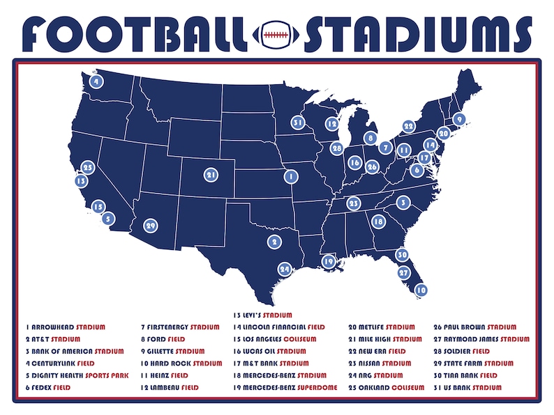 Football Stadium Map, NFL Stadium Map, NFL Stadiums, Football Stadiums