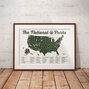 National Parks Map poster, Map of National Parks, 63 Parks checklist, National Parks poster,