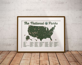 National Parks Map poster, Map of National Parks, 63 Parks checklist, National Parks poster,