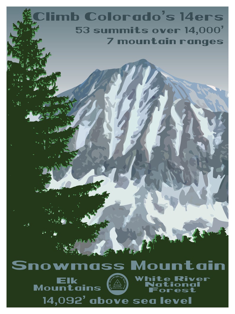 Colorado 14ers 14er poster 14er 14ers Colorado 14er Snowmass Mountain Print 14er print Snowmass Mountain Snowmass Mountain Poster