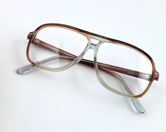 True Vintage 80s 90s Oversized Pilot Transparent Brown Clear Lens Glasses