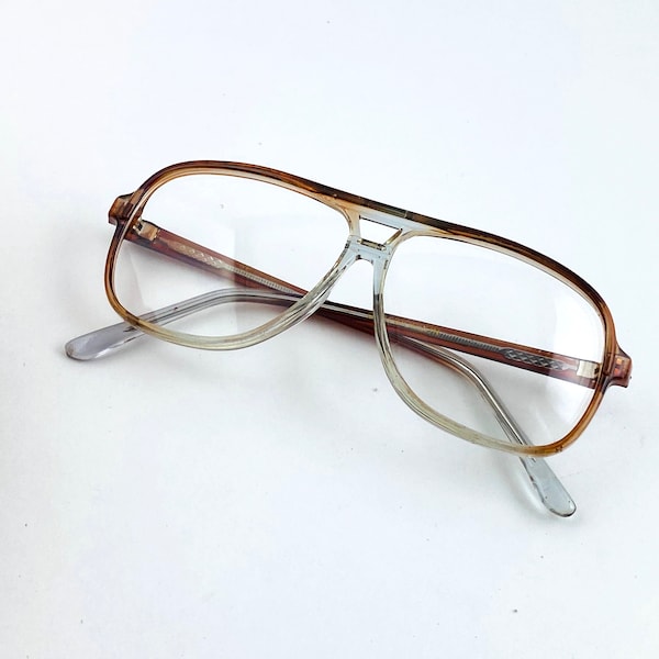 True Vintage 80s 90s Oversized Pilot Transparent Brown Clear Lens Glasses