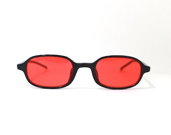 Authentic Vintage 90s Mini Rectangle Black Frame Sunglasses with Red Lenses