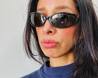 Vintage 90s Black Wraparound Oval Sunglasses