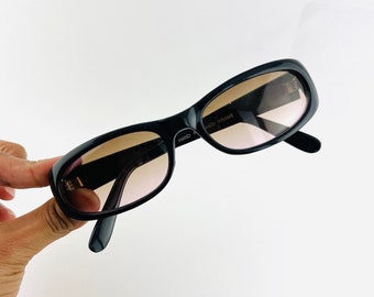 Authentic Vintage 90s Black Rectangle Sunglasses with Two Tone Color Lens