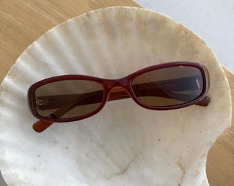 Vintage 90s Slim Rectangle Sunglasses with Red Brown Lens