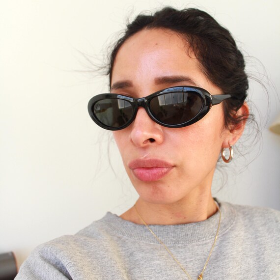 Vintage 90s Slim Black Oval Cat Eye Sunglasses Etsy