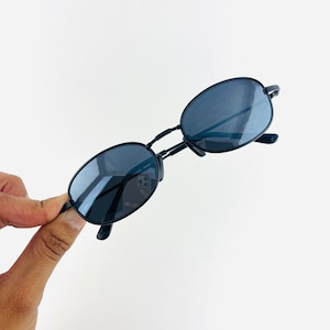 Authentic Vintage Mini Black Metal Frame Oval Sunglasses with Mirror Lens