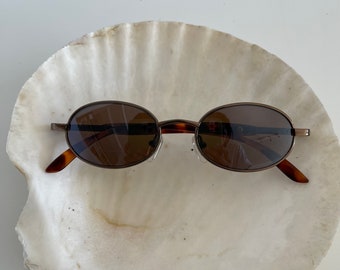 Authentic Vintage Mini Bronze Metal Frame Oval Sunglasses with Brown Mirror Lens