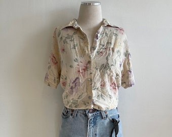 Vintage 90s Women's Floral Long Sleeve Silk Blouse