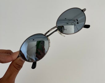 Authentic Vintage Grey Metal Frame Oval Sunglasses with Reflective Lenses