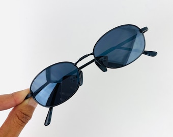 Authentic Vintage Mini Black Metal Oval Sunglasses with Mirror Lens