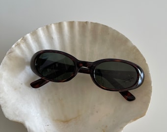Authentic Vintage 90s Slim Dark Tortoise Shell Oval Sunglasses