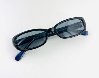 True Vintage 90s Slim Black Blue Rectangle Sunglasses with transparent grey lens