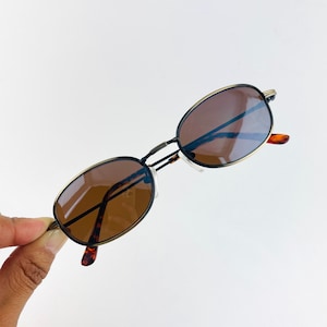 Authentic Vintage Mini Bronze Metal Frame Oval Sunglasses with Brown Mirror Lens