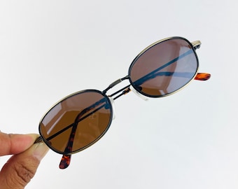 Authentic Vintage Mini Bronze Metal Frame Oval Sunglasses with Brown Mirror Lens