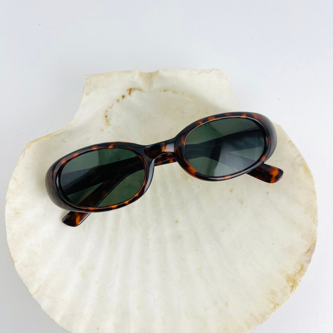 Authentic Vintage 90s Slim Tortoise Shell Oval Sunglasses 