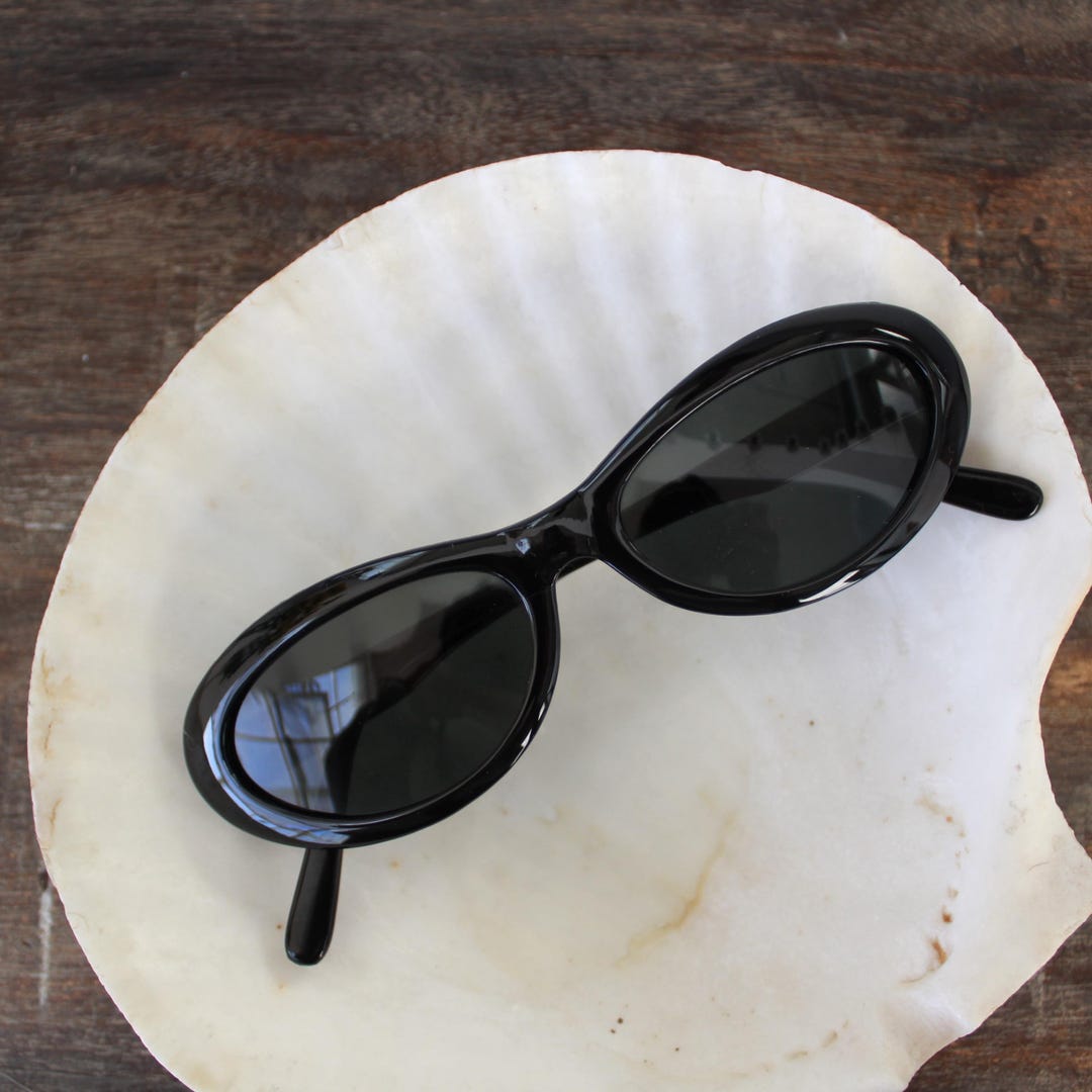 Vintage 90s Slim Black Oval Cat Eye Sunglasses UK