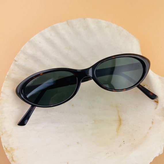 Authentic Vintage 90s Slim Brown Cat-Eye Sunglass… - image 1