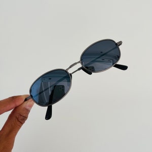 Authentic Vintage Mini Silver Metal Frame Oval Sunglasses with Mirror Lens