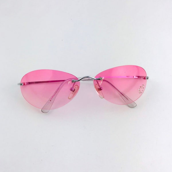 Y2k Oval Pink Rimless Rhinestone Sunglasses / Transparent Frame