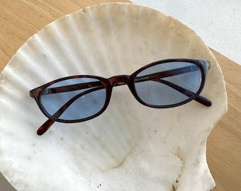 Authentic Vintage 90s Mini Square Tortoise Sunglasses with Blue Lenses