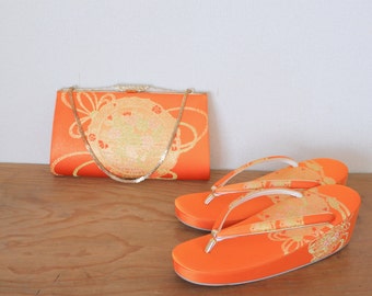 Set of 2 Japanese embroidery Bag and Sandals, Vintage Japanese embroidery zori for Kimono, Orange embroidery bag, Gorgeous bag and sandals