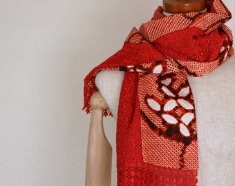 Vintage Japanese Kimono Shawl /// Shibori, Silk Shawl, Silk scarf, kimono scarf, Red Lace silk scarf, Red silk shawl, Red kimono scarf