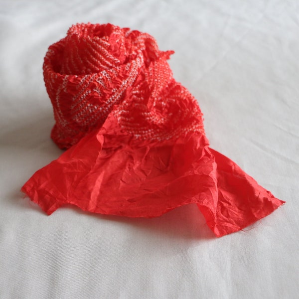 OA-17 Vintage Japanese Silk Obiage /// Red, Silk scarf, Kimono scarf, red silk scarf, red silk sash, Vintage red Silk sash, Shibori shawl
