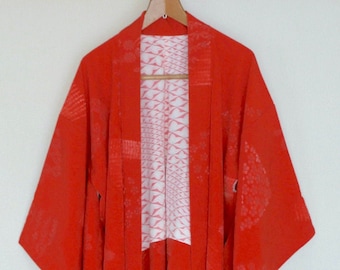 21-61 Vintage Japanese Kimono Jacket /// Orange kimono, antique Kimono, Orange Jacket, Silk orange haori, silk haori, vintage orange haori