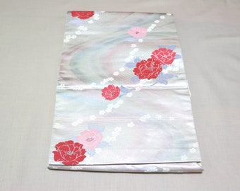 OW-89 Vintage Hiraki Nagoya Obi // Silk kimono obi, Botanical embroidered Nagoya obi, Silver silk obi, Pink silk obi, embroidered nagoya obi