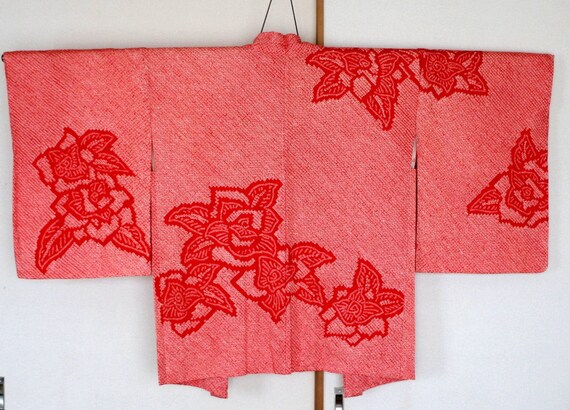 Vintage Japanese kimono Jacket /// Haori, red Shi