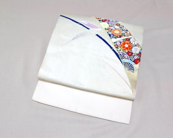 OW-86 Vintage Nagoya Obi /// Silk kimono obi, Botanical embroidered Nagoya obi, Ivory silk obi, shiny white silk obi, embroidered nagoya obi