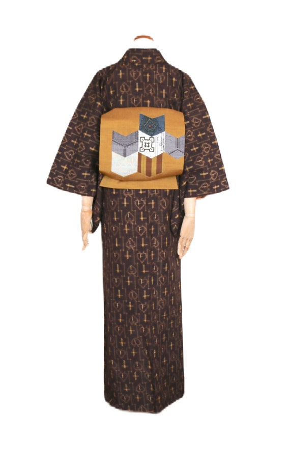 K19-30 Vintage Japanese Kimono // Tsumugi, Brown … - image 6