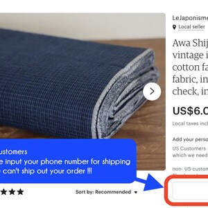 May include: A close-up of a folded blue and white indigo cotton fabric. The fabric has a checkered pattern and is described as "Awa Shijira ori /// Japanese vintage indigo fabric, indigo cotton fabric, Japanese indigo fabric, indigo dye, indigo check, indigo dyed". The price is listed as US$6.00. The text "US Customers Please leave your Phone number which we need for shipping! non-US customers-Please just input "none" " is also visible.
