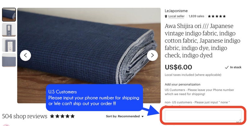 May include: A close-up of a folded blue and white indigo cotton fabric. The fabric has a checkered pattern and is described as "Awa Shijira ori /// Japanese vintage indigo fabric, indigo cotton fabric, Japanese indigo fabric, indigo dye, indigo check, indigo dyed". The price is listed as US$6.00. The text "US Customers Please leave your Phone number which we need for shipping! non-US customers-Please just input "none" " is also visible.